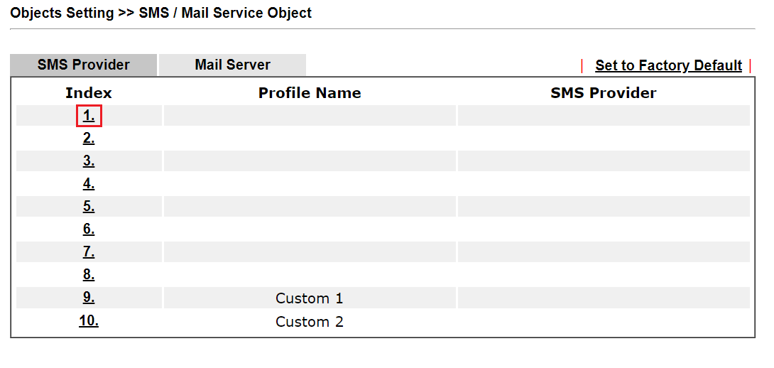 a screenshot of SMS/Mail Service Object page